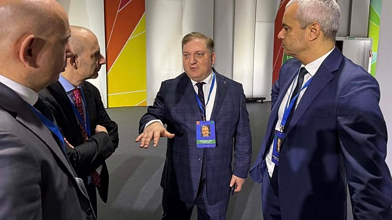 Oleg Voloshyn, centre, in a picture uploaded on Facebook by MEP Rada Laykova, from the “BRICS-Europe” conference held on 14-15 November in the Sochi