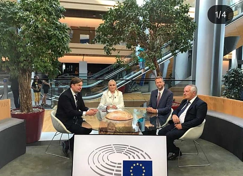 Nadia Sass, wife of Oleg Voloshyn, interviews Nathan Gill and two other former MEPs in the European Parliament in Strasbourg in July 2019