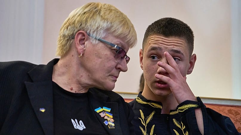 Lyudmyla and Sasha during a press conference at the Ukrainian Embassy in Rome on 19 November 2025