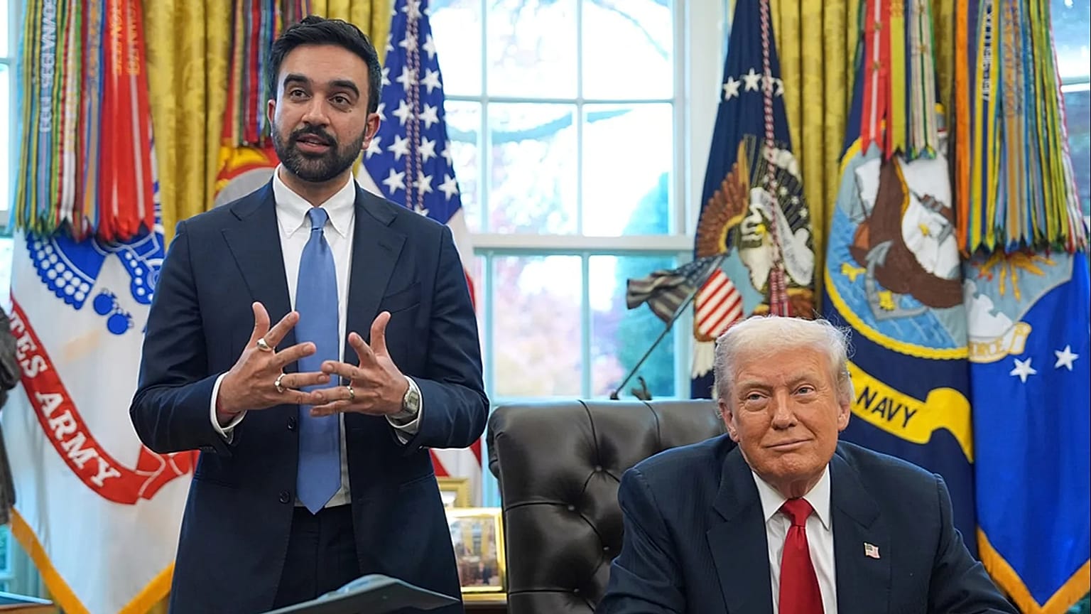 President Donald Trump listens as New York City Mayor-elect Zohran Mamdani speaks in the Oval Office of the White House, Friday, Nov. 21, 2025, in Washington. (AP Photo/Evan V