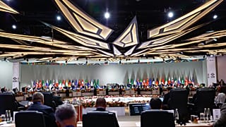 Leaders attend a plenary session on the opening day of the G20 Summit at the Nasrec Expo Centre, in Johannesburg, South Africa, Saturday, Nov. 22, 2025. (Thomas Mukoya/Pool Ph