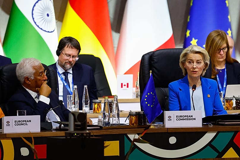 Ursula von der Leyen and President of European Council Antonio Costa attend a plenary session on the opening day of the G20 Summit at the Nasrec Expo Centre, in Johannesburg.