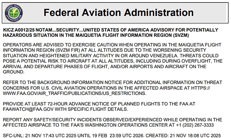 Aviso de la FAA estadounidense sobre el empeoramiento del espacio aéreo venezolano, 21 de noviembre 2025