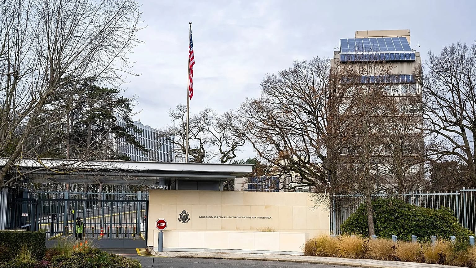 A view of the US Permanent Mission, in Geneva, Switzerland, Sunday, Nov. 23, 2025. 