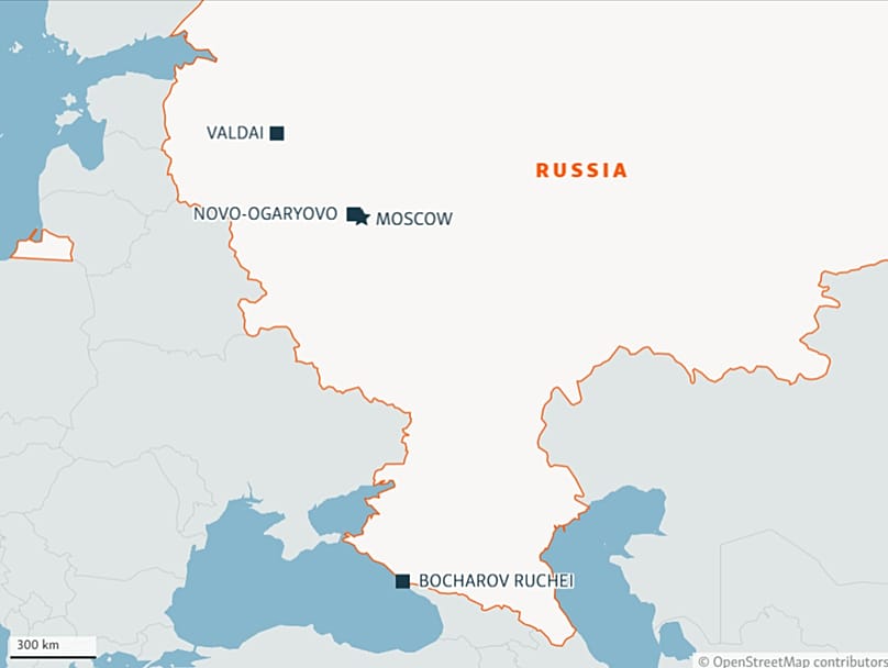 Localizaciones de las oficinas clonadas de Putin: Valdai, Novo - Ogaryovo (Moscú), Bocharov Ruchei (Sochi)