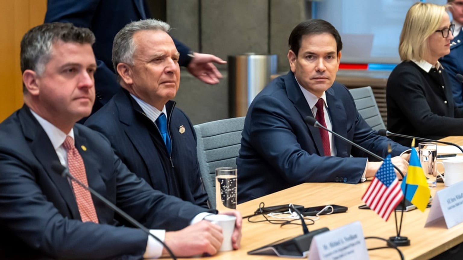 US special envoy Steve Witkoff and Secretary of State Marco Rubio sit at the beginning of talks with Ukraine's delegation at the US Mission to NGOs in Geneva, Nov. 23, 2025