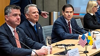 US special envoy Steve Witkoff and Secretary of State Marco Rubio sit at the beginning of talks with Ukraine's delegation at the US Mission to NGOs in Geneva, Nov. 23, 2025