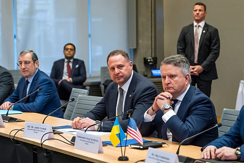 Head of Ukraine's delegation Andriy Yermak at the beginning of talks with the US delegation at the US Mission to NGOs in Geneva, Switzerland, Sunday, Nov. 23, 2025