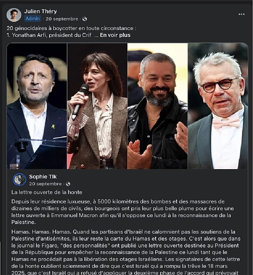 Publication Facebook sur la page "La Grande H. : Histoire & Idées", le 20 septembre 2025.