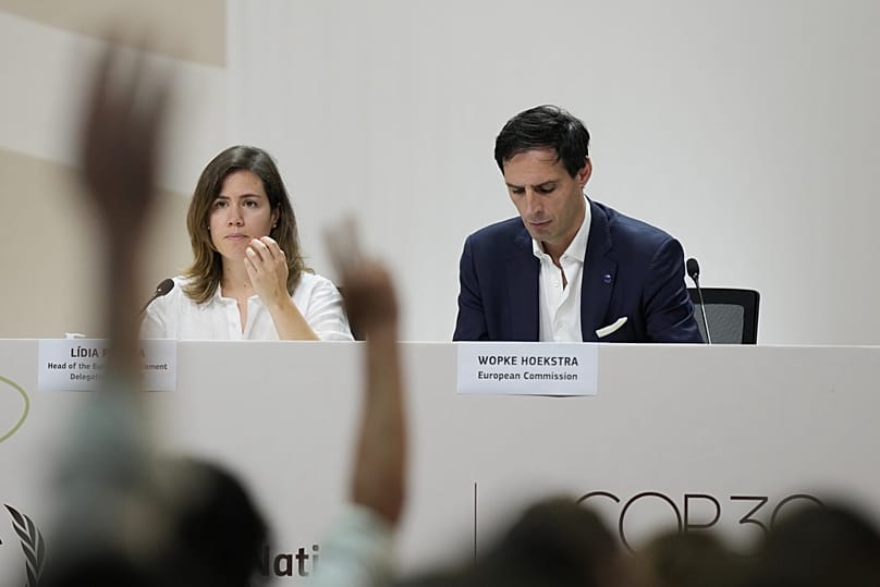 Lidia Pereira, head of the European Parliament delegation to COP30, left, and Wopke Hoekstra, EU climate commissioner attend a news conference during the COP30.