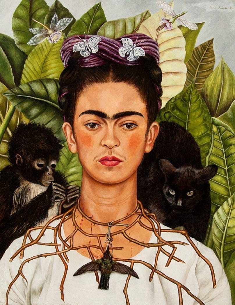 Frida Kahlo (Mexican, 1907–1954), Untitled [Self-portrait with thorn necklace and hummingbird], 1940. Oil on canvas mounted to board. 