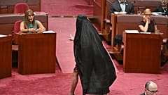 Pauline Hanson, Parteichefin von One Nation, trägt im Senatssaal des Parlamentsgebäudes in Canberra eine Burka. Montag, 24. November.