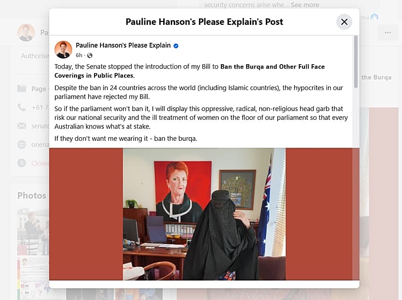 منشور عضو مجلس الشيوخ الأسترالي بولين هانسون على فيس بوك
