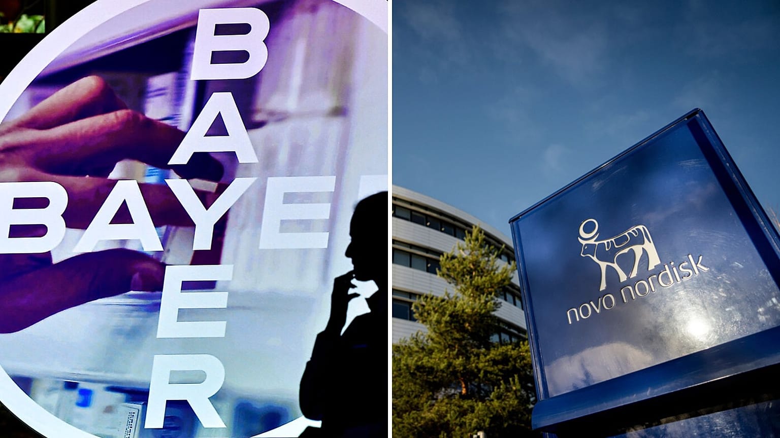 Left -  A woman walks in front of a logo of Bayer AG at the Financial News Conference in Leverkusen. 27 Feb. 2020. Right - Novo Nordisk headquarters in Bagsvaerd. 5 Feb. 2025.