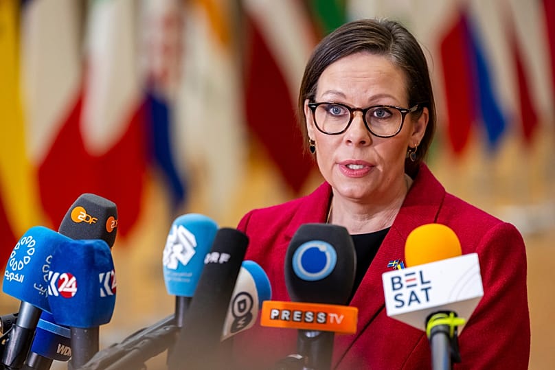 Sweden's Foreign Minister Maria Malmer Stenergard speaks with the media as she arrives for a EU general affairs meeting at the European Council building in Brussels.