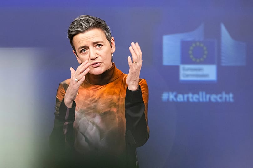 Margrethe Vestager s'adresse aux médias au sujet des services de streaming Apple Music au siège de l'UE à Bruxelles, le lundi 4 mars 2024