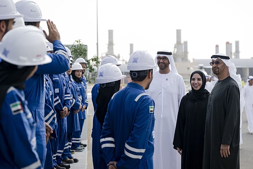 Sheikh Mohamed bin Zayed Al Nahyan with ADNOC leadership and employees at Habshan