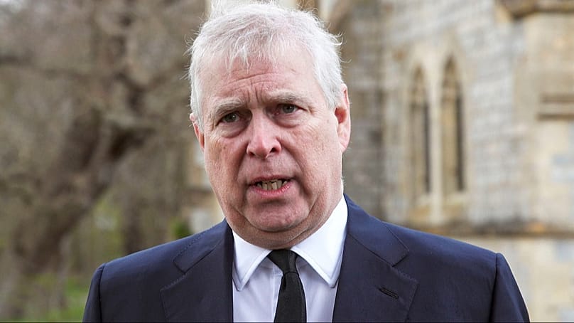 FILE - Britain's Prince Andrew speaks during a television interview at the Royal Chapel of All Saints at Royal Lodge in Windsor, April 11, 2021