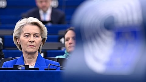 FILE: European Commission President Ursula von der Leyen sits during statements at the European Parliament in Strasbourg, 8 October 2025