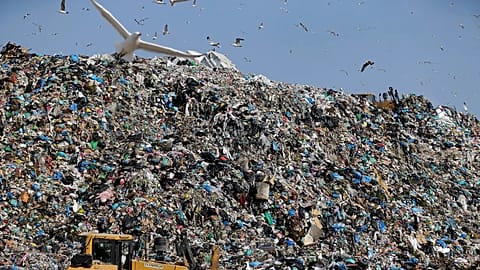 Earthmovers push mountains of garbage as seagulls fly over the country's largest landfill at Fyli on the outskirts of Athens. Feb. 2, 2018  