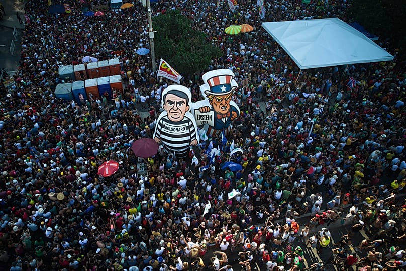 Demonstrators protest an amnesty bill that could benefit former President Bolsonaro and his allies convicted for a coup attempt, in Rio de Janeiro, Sunday, Sept. 21, 2025