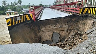 A bridge destroyed by a flash flood at North Tapanuli, North Sumatra Province, Indonesia Tuesday, Nov. 25, 2025