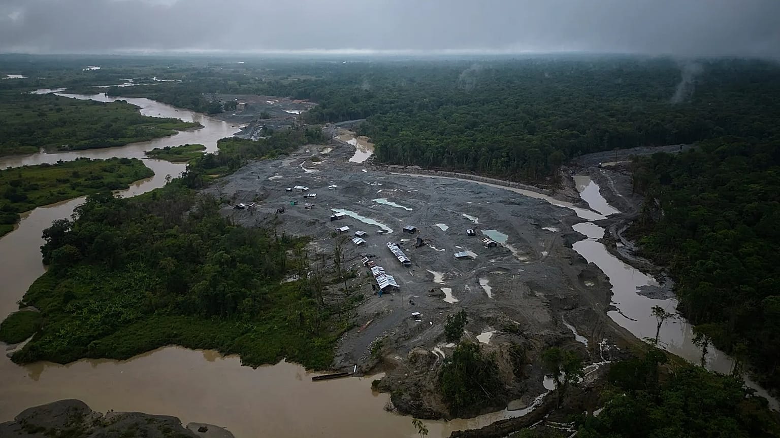 An illegal mining camp along the Quito River, Colombia