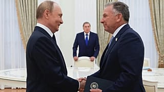 FILE: Russian President Vladimir Putin and US President Donald Trump's special envoy Steve Witkoff, shake hands during their meeting in Moscow, Russia, Aug. 6, 2025.