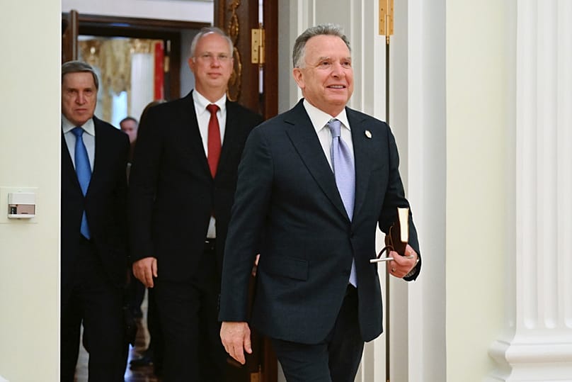 FILE: Steve Witkoff, Vladimir Putin's investment envoy Kirill Dmitriev and Russian Presidential Aide Yuri Ushakov. Moscow, Russia, Friday, April 25, 2025.