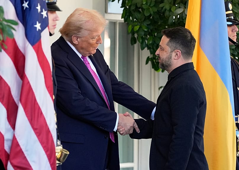 FILE: President Donald Trump greets Ukraine's President Volodymyr Zelenskyy at the White House, Friday, Oct. 17, 2025, in Washington.