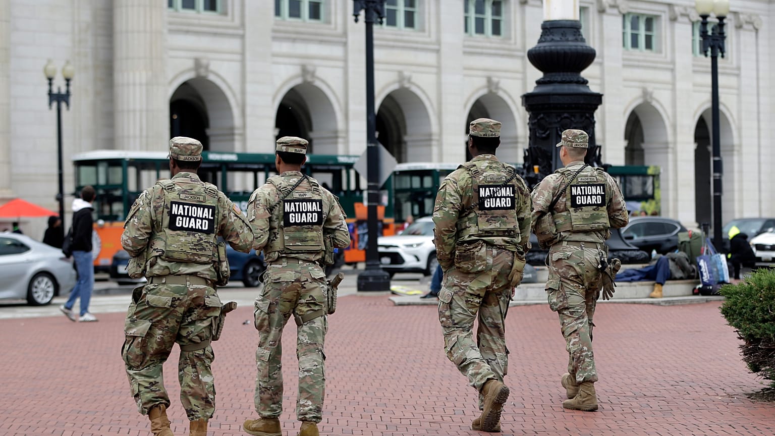 National Guard soldiers patrol at Union Station, Tuesday, Oct. 28, 2025, in Washington.