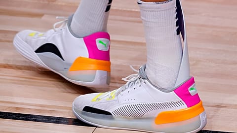 Denver Nuggets' Michael Porter Jr. stands on the court in Puma trainers. Lake Buena Vista, Florida. 8 Aug. 2020.
