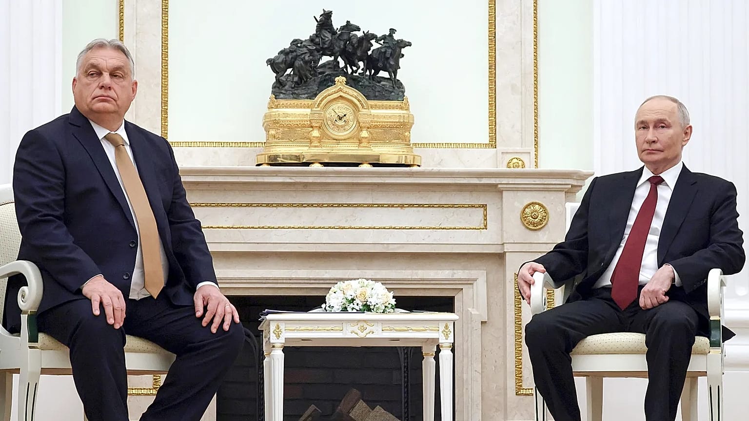 Russian President Vladimir Putin, right, attends a meeting with Hungarian Prime Minister Viktor Orban at the Senate Palace of the Kremlin in Moscow, Russia, Friday, Nov. 28, 2