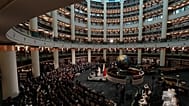 Pope Leo XIV delivers a speech in the Presidential Palace's national library in Ankara.