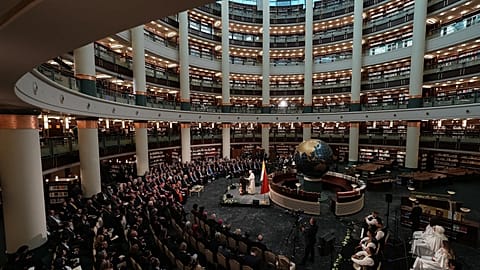 Pope Leo XIV delivers a speech in the Presidential Palace's national library in Ankara.