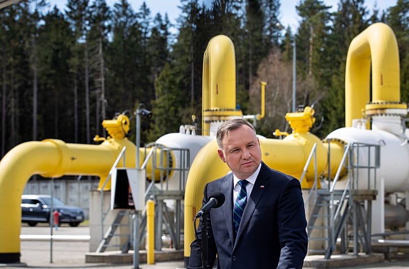 Former Polish President Andrzej Duda at the official inauguration of the Gas Interconnection Poland–Lithuania gas pipeline in Jauniunai, near Vilnius, Lithuania, May 2022.