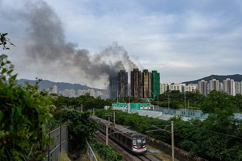 Smoke rises after a fire broke out at Wang Fuk Court, a residential estate in the Tai Po district of Hong Kong's New Territories, Thursday, Nov. 27 2025