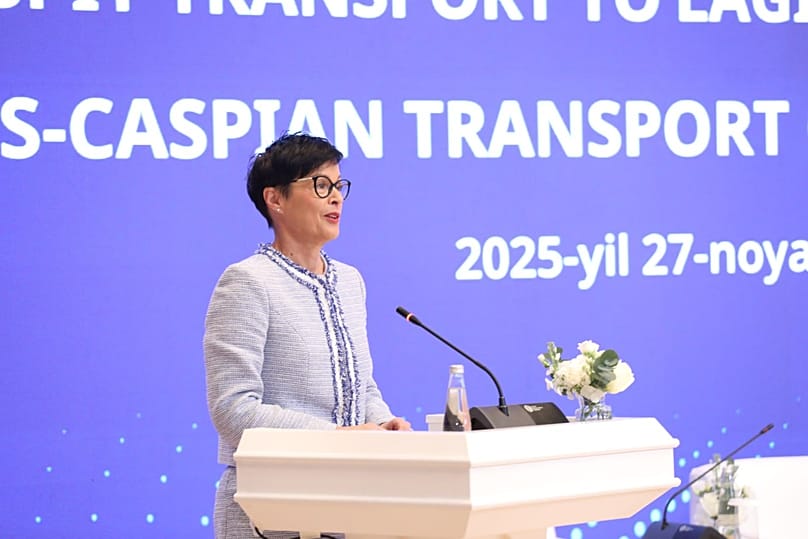European Commissioner for Enlargement Marta Kos speaks at the Trans-Caspian Transport Corridor and Connectivity Investors Forum in Tashkent.