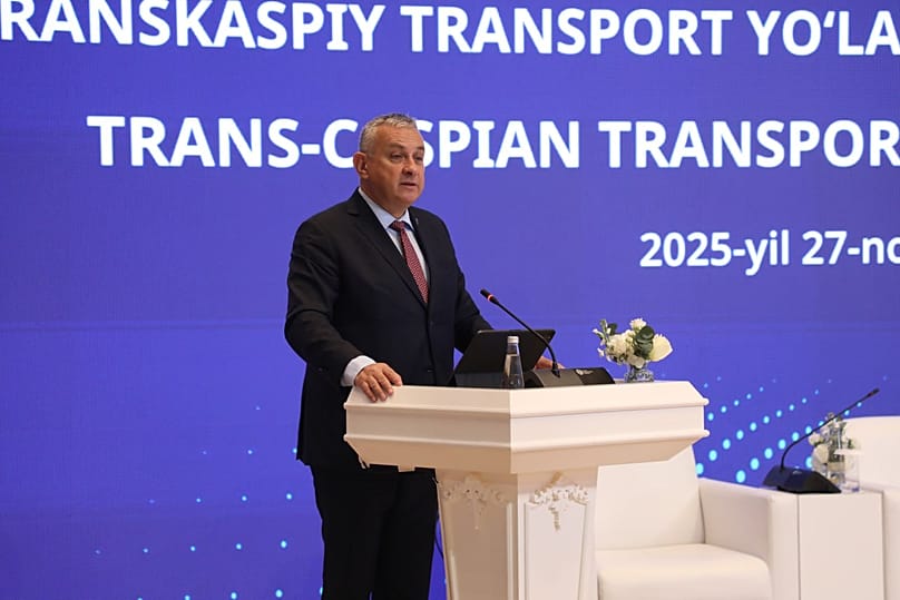 European Commissioner for International Partnerships Jozef Síkela delivers his remarks in Tashkent.