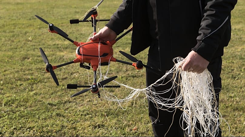 Die Abfangung einer Drohne durch die Abfangdrohne A1-Falke von Argus Interception am zweiten Tag von "Red Storm Bravo",  26. September 2025