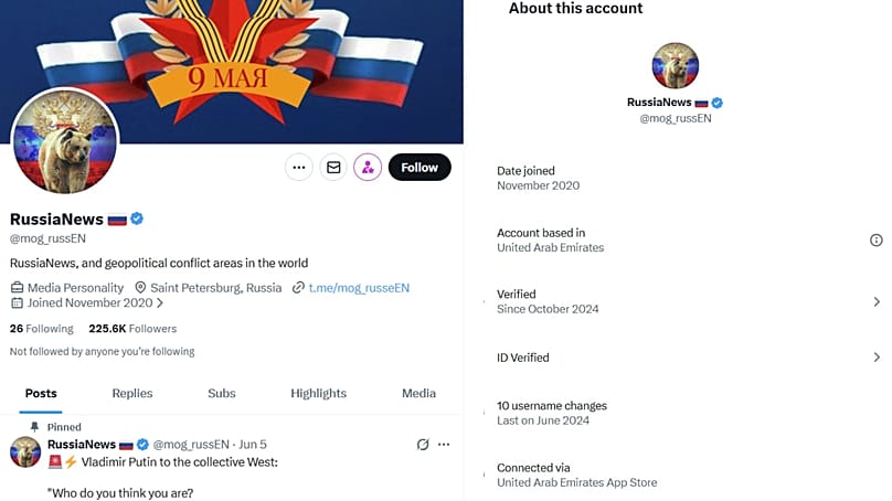 Account 'RussiaNews' says it is based in St.Petersburg, but X's tool claims it is based in the UAE. 
