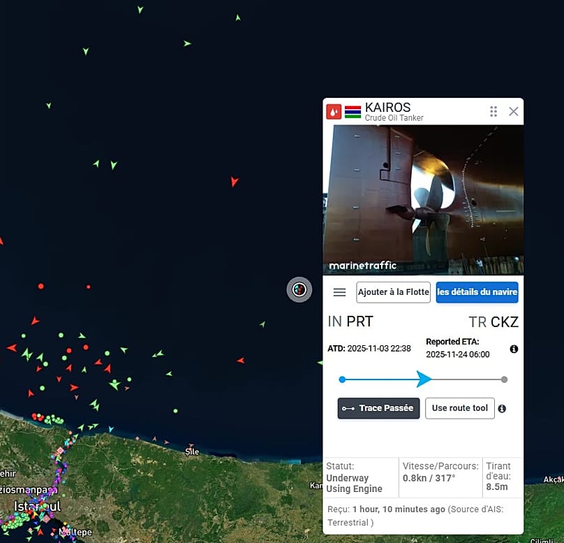 La position du Kairos près des côtes turques à 21h30 CET, le 28 novembre 2025