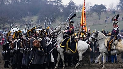 History enthusiasts dressed in regimental costumes take part in a re-enactment of Napoleon's famous battle of Austerlitz, celebrating its 220th anniversary,