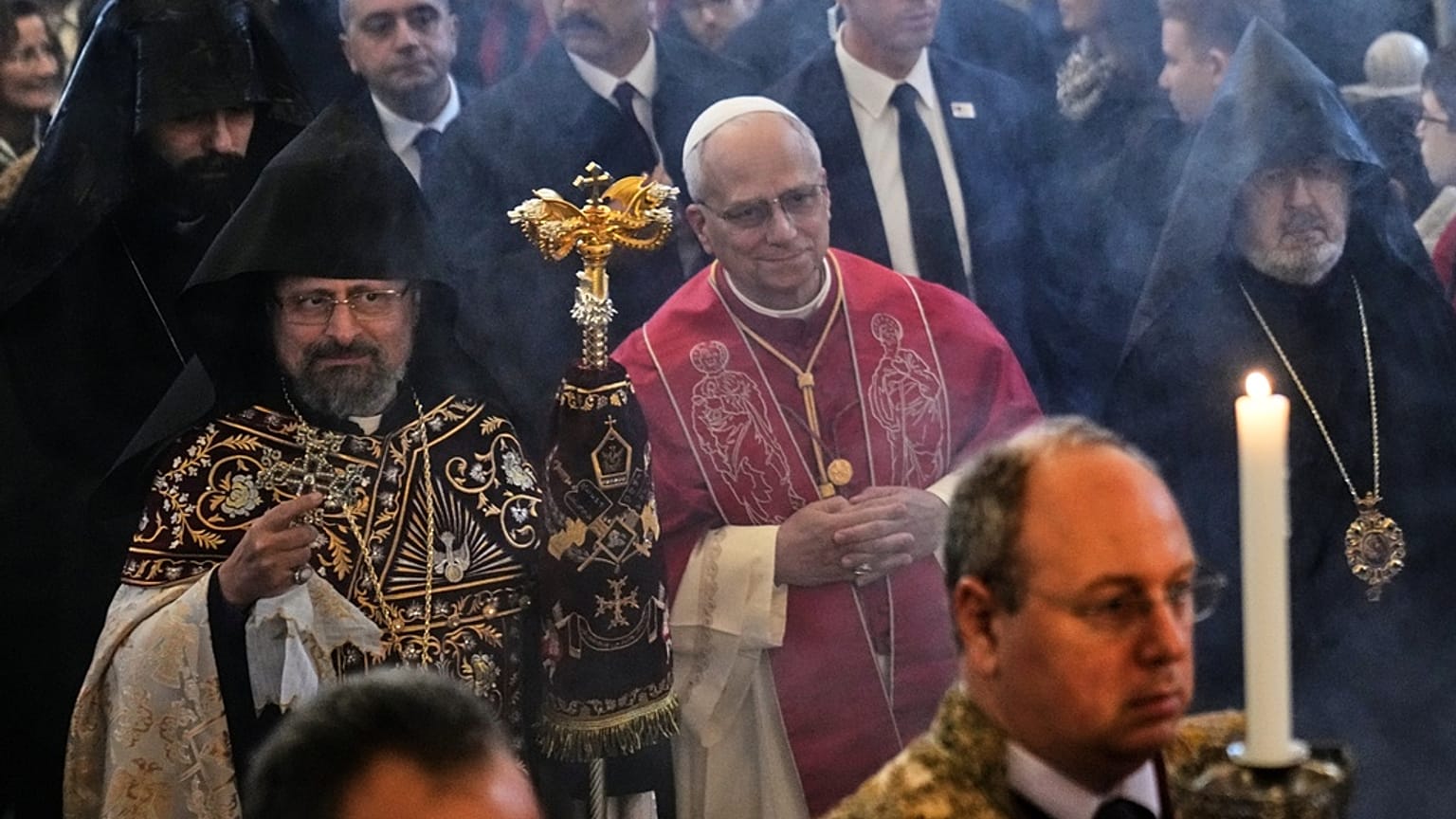 Pope Leo XIV and the Armenian Patriarch of Constantinople Archbishop Sahag II Mashalian arrive to celebrate a liturgy in the Armenian Apostolic Cathedral of Istanbul, Turkey, 