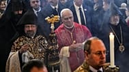 Pope Leo XIV and the Armenian Patriarch of Constantinople Archbishop Sahag II Mashalian arrive to celebrate a liturgy in the Armenian Apostolic Cathedral of Istanbul, Turkey, 