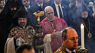Pope Leo XIV and the Armenian Patriarch of Constantinople Archbishop Sahag II Mashalian arrive to celebrate a liturgy in the Armenian Apostolic Cathedral of Istanbul, Turkey, 