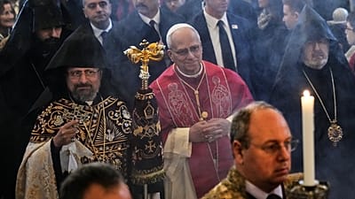 Pope Leo XIV and the Armenian Patriarch of Constantinople Archbishop Sahag II Mashalian arrive to celebrate a liturgy in the Armenian Apostolic Cathedral of Istanbul, Turkey, 