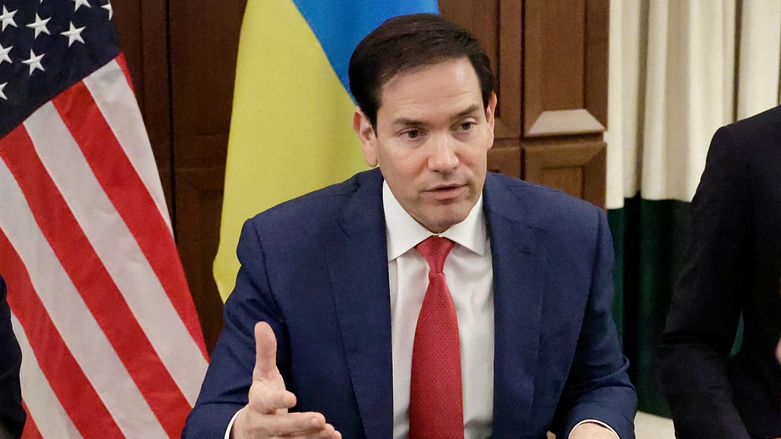 Secretary of State Marco Rubio speaks during a meeting with Ukrainian officials Sunday, Nov. 30, 2025, in Hallandale Beach, Fla. 