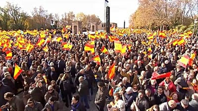 Thousands of people protest at the Temple of Debod, Madrid, Spain, 30 November 2025.