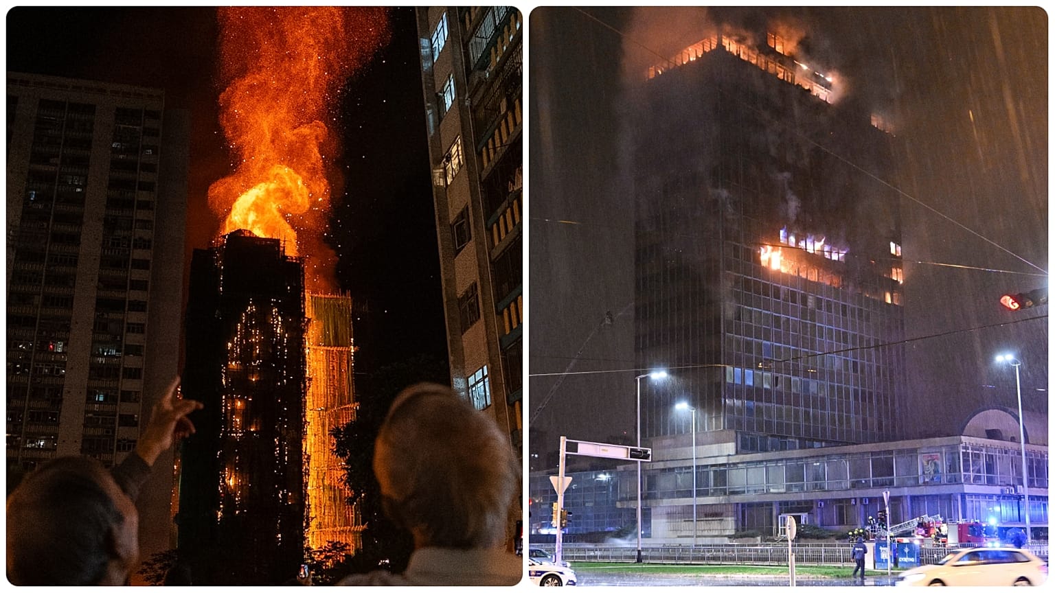 Tűz a hongkongi Vang Fuk lakótömbben, 2025. november 25-én; illetve a horvát médiumok többségének helyet adó Vjesnikben, 2025. november 18-án